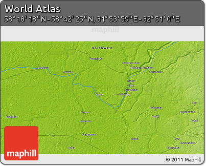 Physical 3D Map of the Area around 58° 30' 22" N, 32° 22' 30" E
