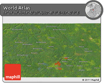 Satellite 3D Map of the Area around 58° 30' 22" N, 33° 13' 30" E