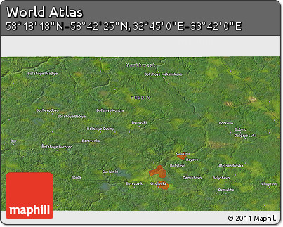 Satellite 3D Map of the Area around 58° 30' 22" N, 33° 13' 30" E