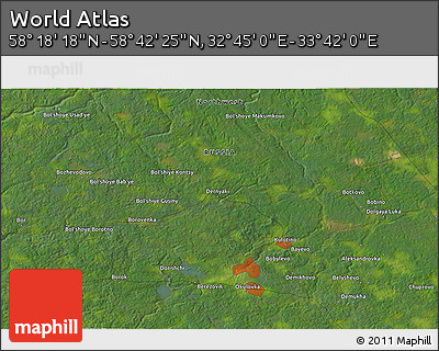 Satellite 3D Map of the Area around 58° 30' 22" N, 33° 13' 30" E