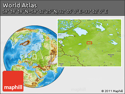 Physical Location Map of the Area around 58° 30' 22" N, 33° 13' 30" E