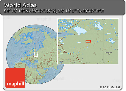 Savanna Style Location Map of the Area around 58° 30' 22" N, 33° 13' 30" E, hill shading