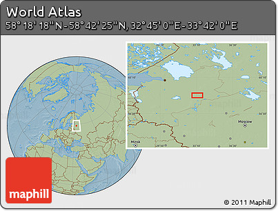 Savanna Style Location Map of the Area around 58° 30' 22" N, 33° 13' 30" E, hill shading