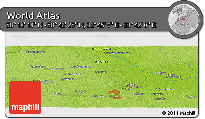 Physical Panoramic Map of the Area around 58° 30' 22" N, 33° 13' 30" E