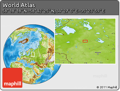 Physical Location Map of the Area around 58° 30' 22" N, 34° 55' 29" E
