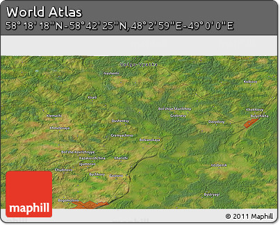 Satellite 3D Map of the Area around 58° 30' 22" N, 48° 31' 29" E