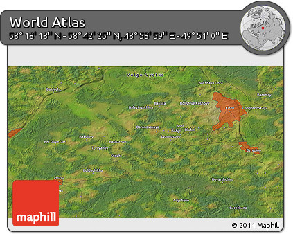 Satellite 3D Map of the Area around 58° 30' 22" N, 49° 22' 30" E