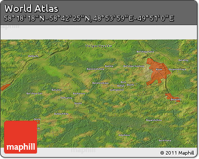 Satellite 3D Map of the Area around 58° 30' 22" N, 49° 22' 30" E