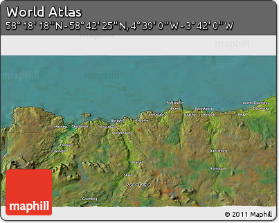 Satellite 3D Map of the Area around 58° 30' 22" N, 4° 10' 30" W