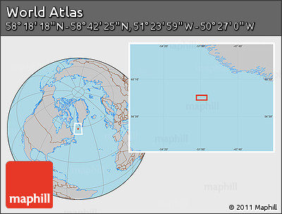 Gray Location Map of the Area around 58° 30' 22" N, 50° 55' 29" W