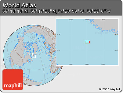 Gray Location Map of the Area around 58° 30' 22" N, 50° 55' 29" W