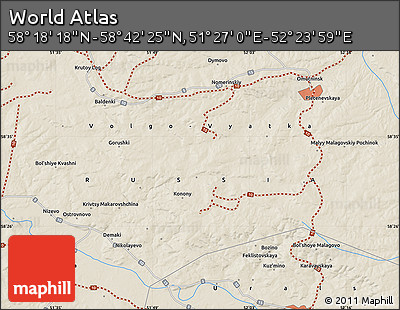 Shaded Relief Map of the Area around 58° 30' 22" N, 51° 55' 29" E