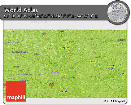 Physical 3D Map of the Area around 58° 30' 22" N, 54° 28' 30" E