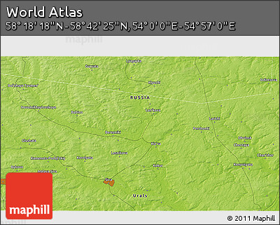 Physical 3D Map of the Area around 58° 30' 22" N, 54° 28' 30" E