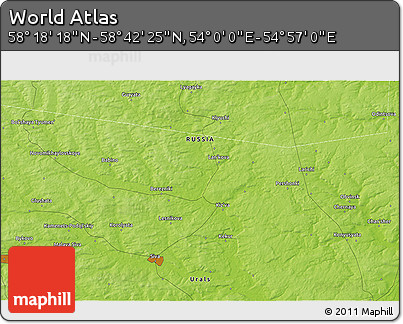 Physical 3D Map of the Area around 58° 30' 22" N, 54° 28' 30" E