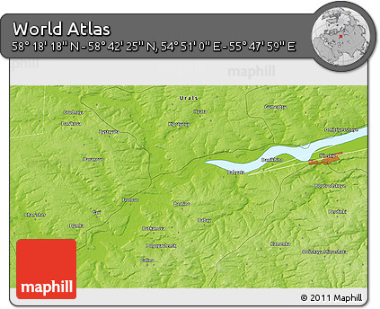 Physical 3D Map of the Area around 58° 30' 22" N, 55° 19' 30" E