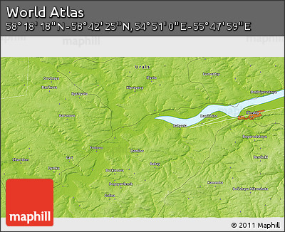 Physical 3D Map of the Area around 58° 30' 22" N, 55° 19' 30" E