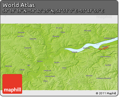 Physical 3D Map of the Area around 58° 30' 22" N, 55° 19' 30" E
