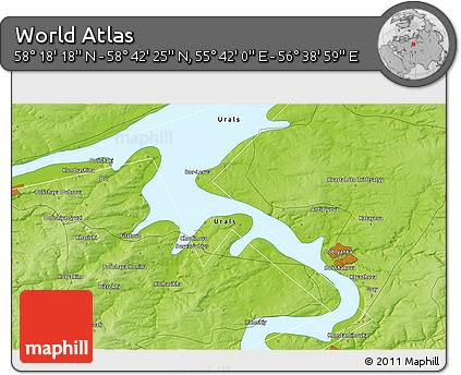 Physical 3D Map of the Area around 58° 30' 22" N, 56° 10' 29" E
