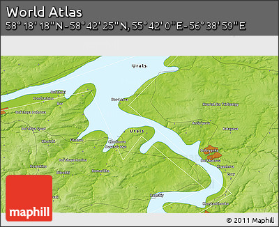 Physical 3D Map of the Area around 58° 30' 22" N, 56° 10' 29" E