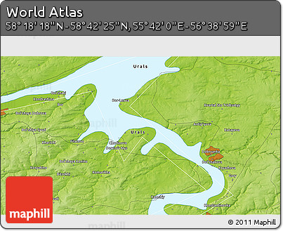 Physical 3D Map of the Area around 58° 30' 22" N, 56° 10' 29" E