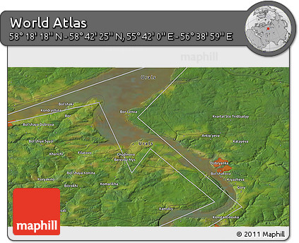 Satellite 3D Map of the Area around 58° 30' 22" N, 56° 10' 29" E