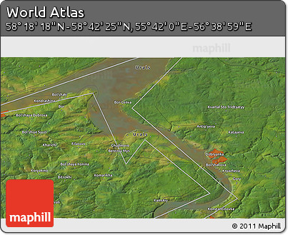 Satellite 3D Map of the Area around 58° 30' 22" N, 56° 10' 29" E
