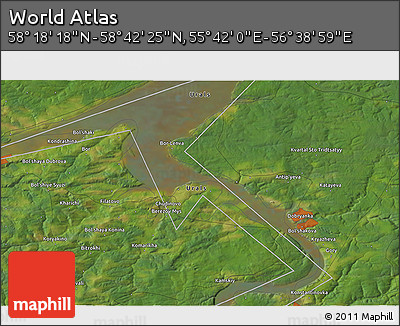 Satellite 3D Map of the Area around 58° 30' 22" N, 56° 10' 29" E