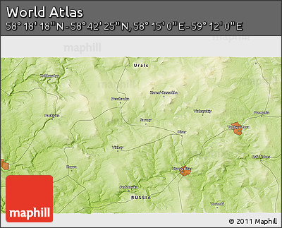 Physical 3D Map of the Area around 58° 30' 22" N, 58° 43' 30" E