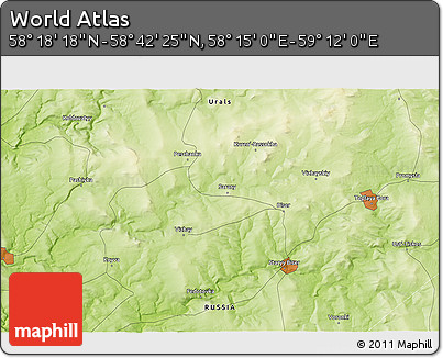 Physical 3D Map of the Area around 58° 30' 22" N, 58° 43' 30" E