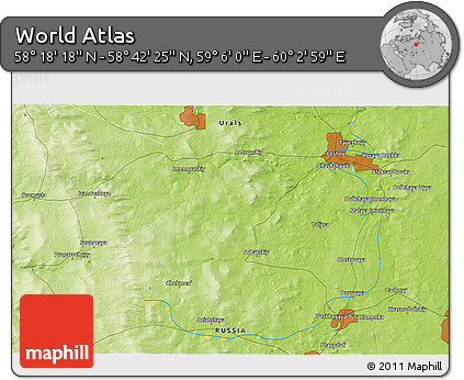 Physical 3D Map of the Area around 58° 30' 22" N, 59° 34' 30" E