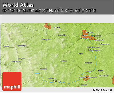 Physical 3D Map of the Area around 58° 30' 22" N, 59° 34' 30" E