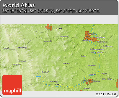 Physical 3D Map of the Area around 58° 30' 22" N, 59° 34' 30" E