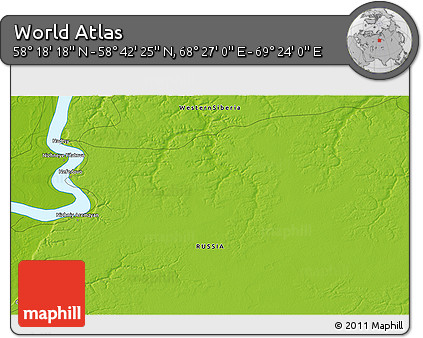 Physical 3D Map of the Area around 58° 30' 22" N, 68° 55' 30" E