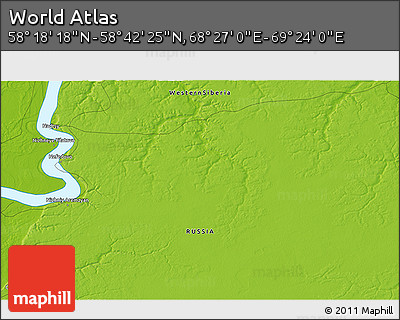 Physical 3D Map of the Area around 58° 30' 22" N, 68° 55' 30" E