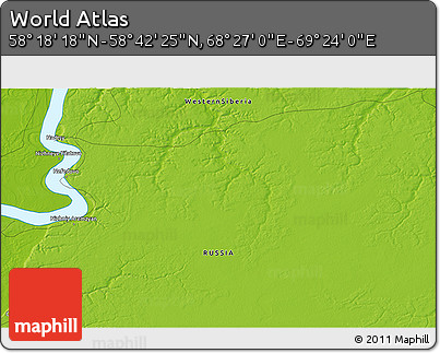 Physical 3D Map of the Area around 58° 30' 22" N, 68° 55' 30" E