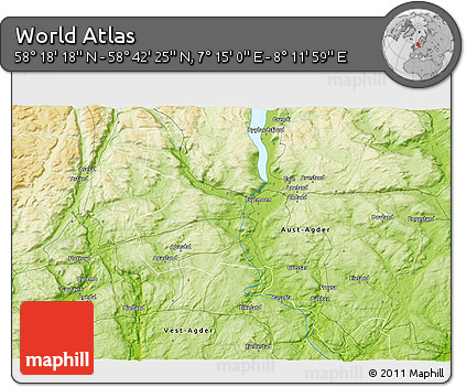 Physical 3D Map of the Area around 58° 30' 22" N, 7° 43' 29" E