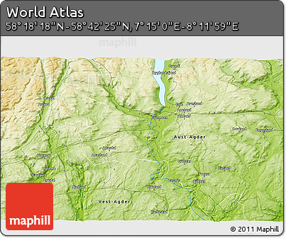 Physical 3D Map of the Area around 58° 30' 22" N, 7° 43' 29" E