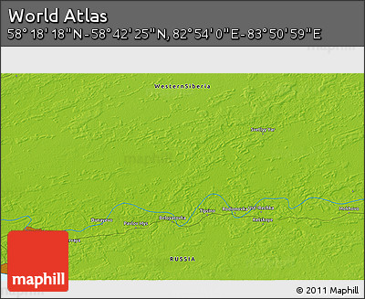 Physical 3D Map of the Area around 58° 30' 22" N, 83° 22' 30" E