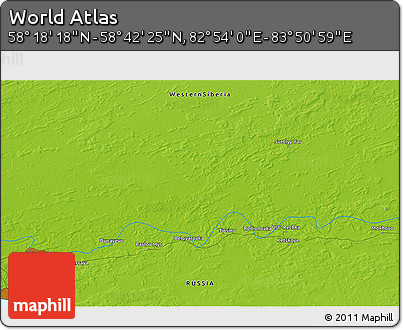 Physical 3D Map of the Area around 58° 30' 22" N, 83° 22' 30" E