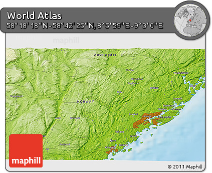 Physical 3D Map of the Area around 58° 30' 22" N, 8° 34' 29" E