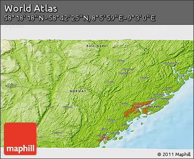 Physical 3D Map of the Area around 58° 30' 22" N, 8° 34' 29" E