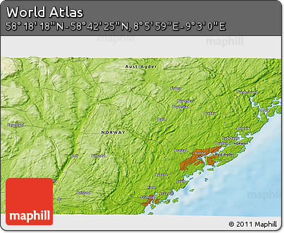 Physical 3D Map of the Area around 58° 30' 22" N, 8° 34' 29" E