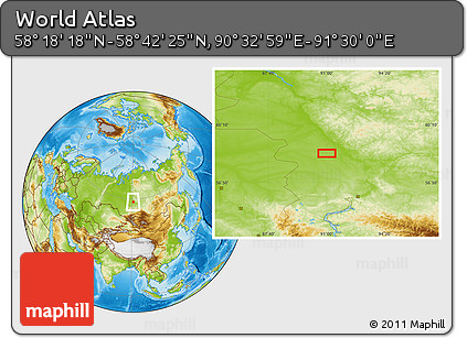 Physical Location Map of the Area around 58° 30' 22" N, 91° 1' 30" E