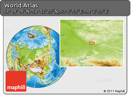 Physical Location Map of the Area around 58° 30' 22" N, 93° 34' 29" E