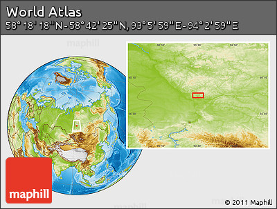 Physical Location Map of the Area around 58° 30' 22" N, 93° 34' 29" E