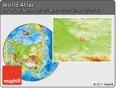 Physical Location Map of the Area around 58° 30' 22" N, 93° 34' 29" E