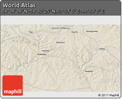 Shaded Relief 3D Map of the Area around 58° 30' 22" N, 94° 25' 30" E