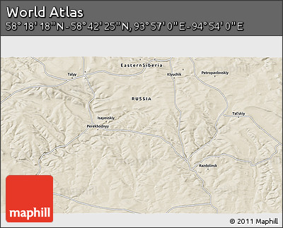 Shaded Relief 3D Map of the Area around 58° 30' 22" N, 94° 25' 30" E