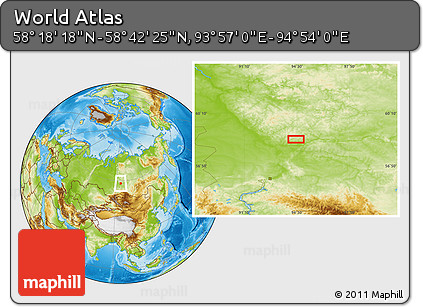 Physical Location Map of the Area around 58° 30' 22" N, 94° 25' 30" E